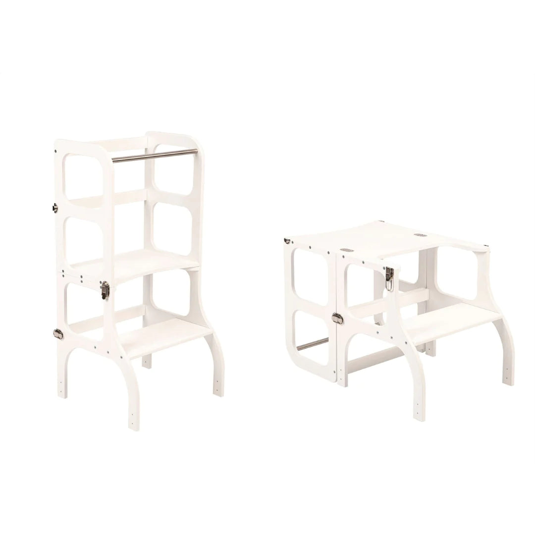 Torre Montessoriana Bianca Convertibile Step'n'Sit con cinghie in argento