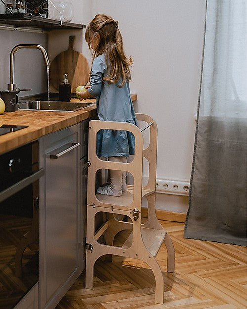 Torre Montessoriana legno naturale Convertibile Step'n'Sit con cinghie in argento