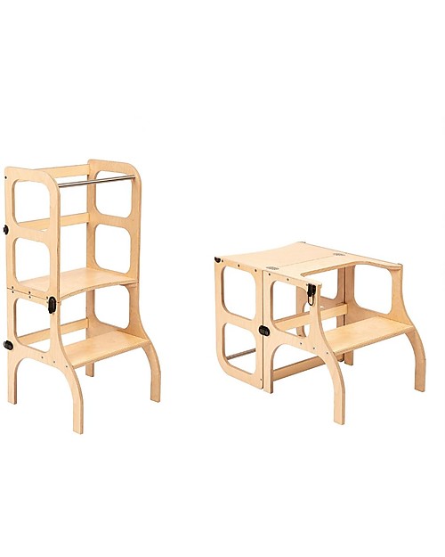 Torre Montessoriana legno naturale Convertibile Step'n'Sit con cinghie in argento