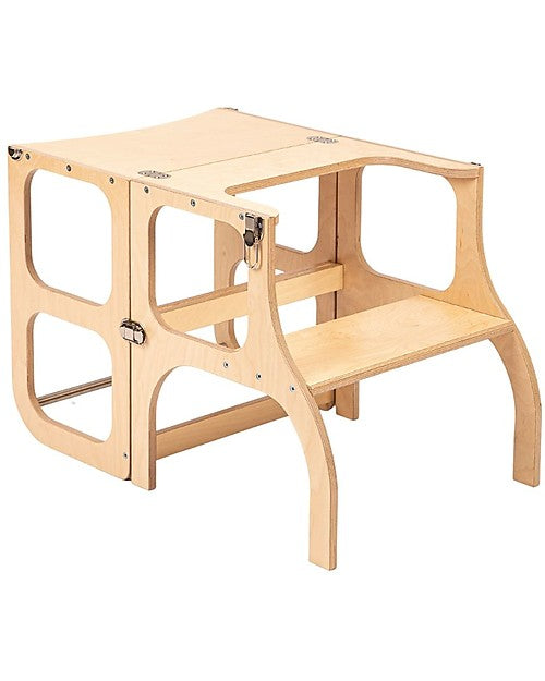 Torre Montessoriana legno naturale Convertibile Step'n'Sit con cinghie in argento